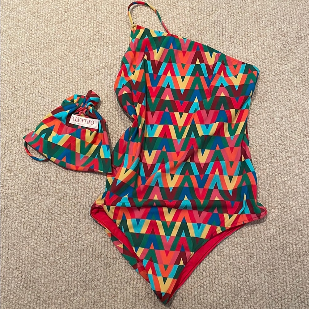 Valentino Red and Blue One-Shoulder One Piece Swimsuit